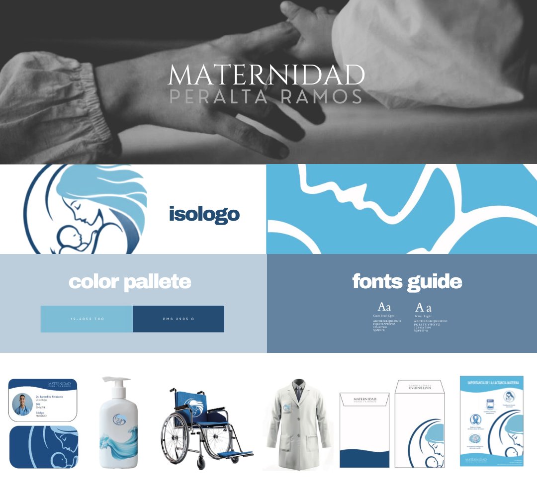Maternidad Peralta Ramos — Brand identity system showing logo, palette, typography and applications